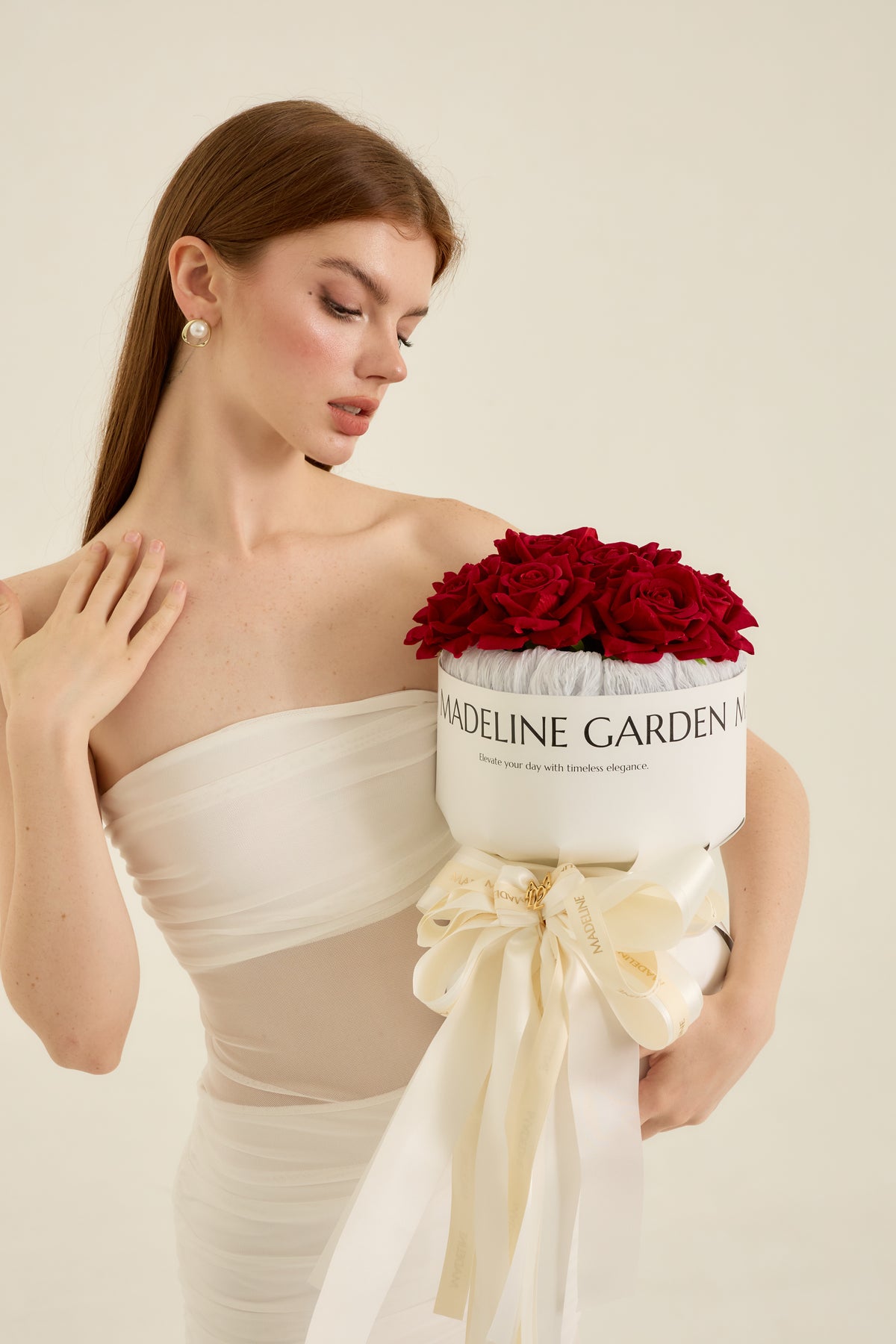 White Bouquet with Red 10 Roses - Madeline Bouquet