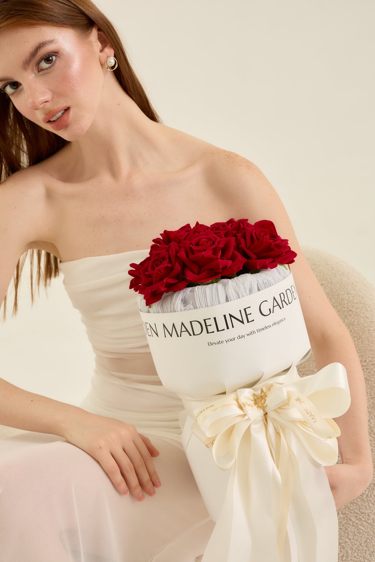 White Bouquet with Red 10 Roses - Madeline Bouquet