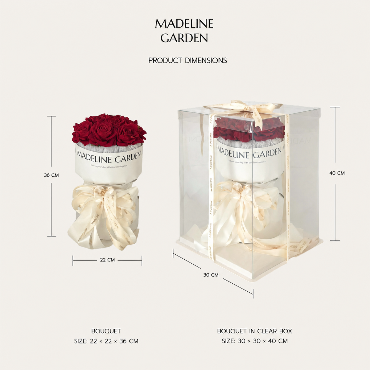 MADELINE GARDEN bouquet size 22 by 22 by 36 cm and clear box size 30 by 30 by 40 cm